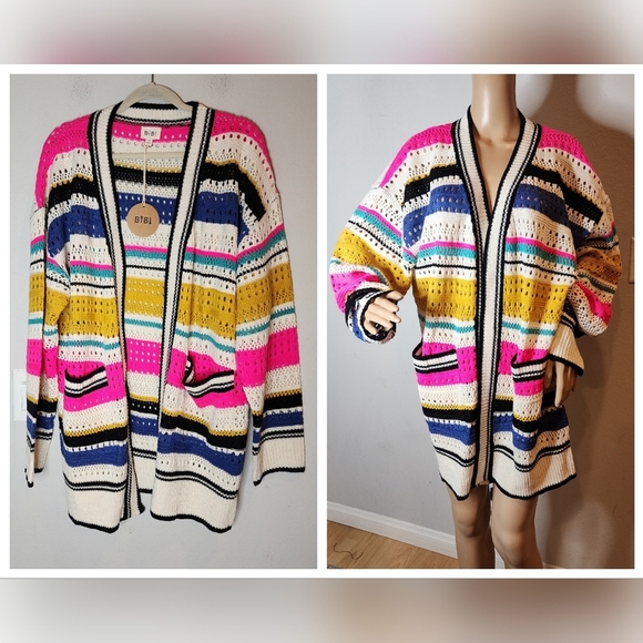 NWT Bibi Knit Multi Striped Pointelle Cardigan. Size 1X. - Picture 1 of 16